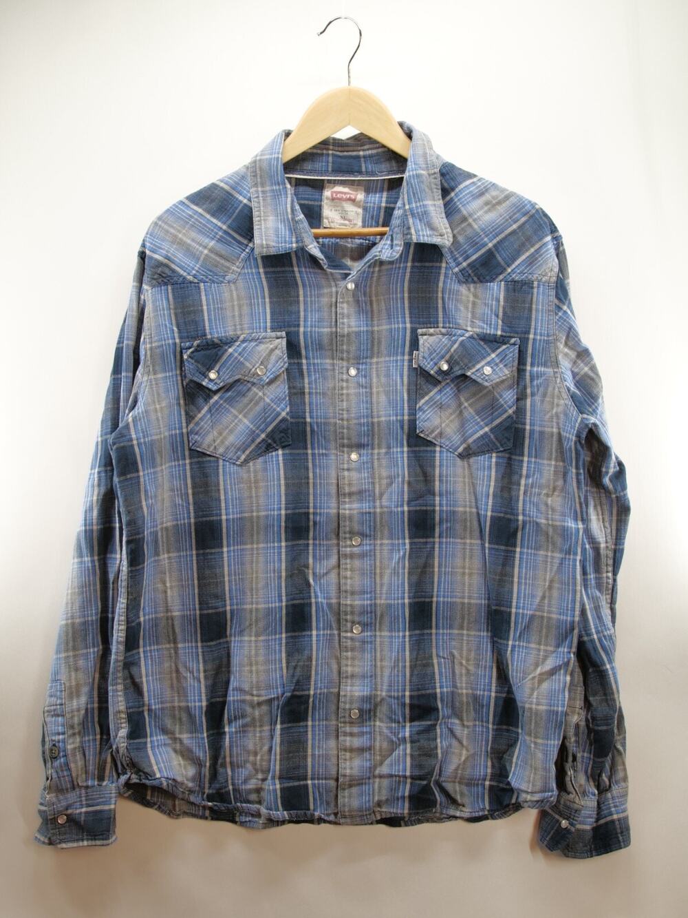 Levis Flannel Shirt Mens XL Blue Plaid Long Sleeve Button Up Pearl BTN